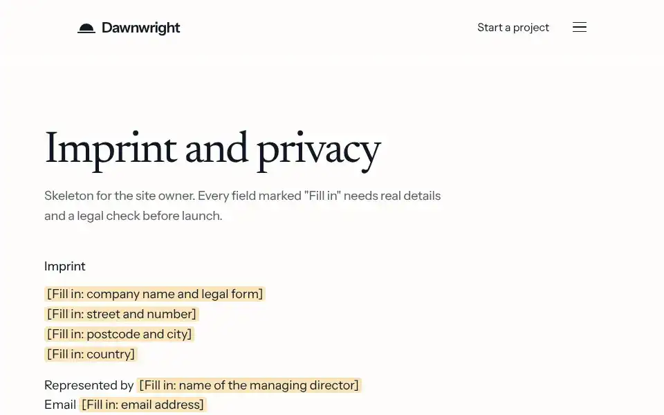 Dawnwright, page "Imprint, privacy and accessibility", first screen