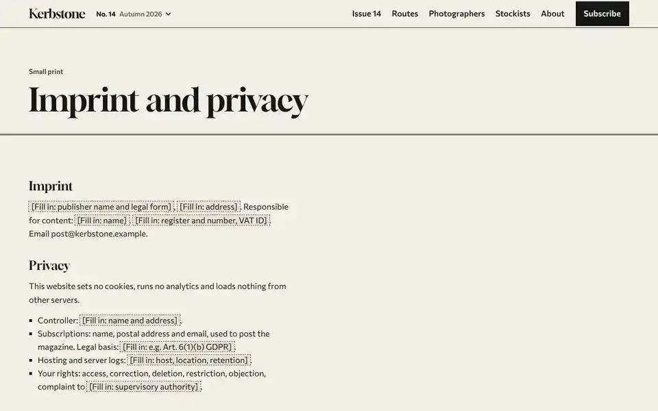 Kerbstone, page "Imprint, privacy and accessibility", first screen