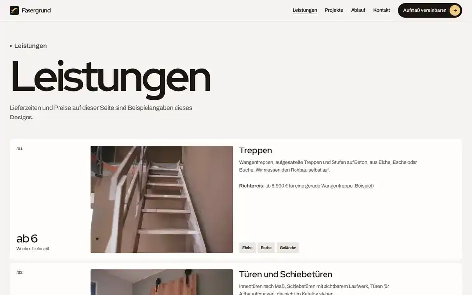 Fasergrund, page "Leistungen", first screen