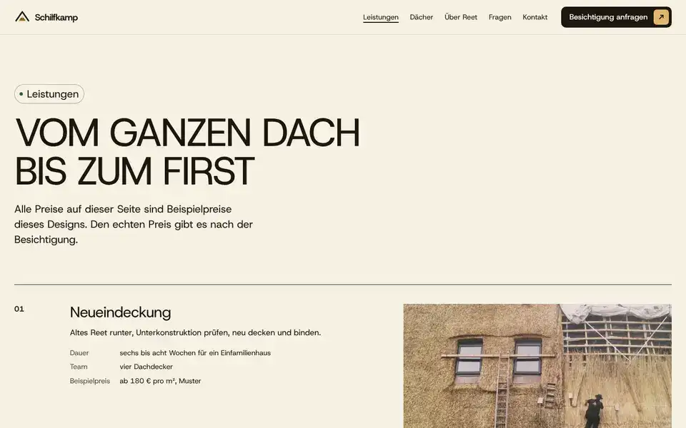 Schilfkamp, page "Leistungen", first screen