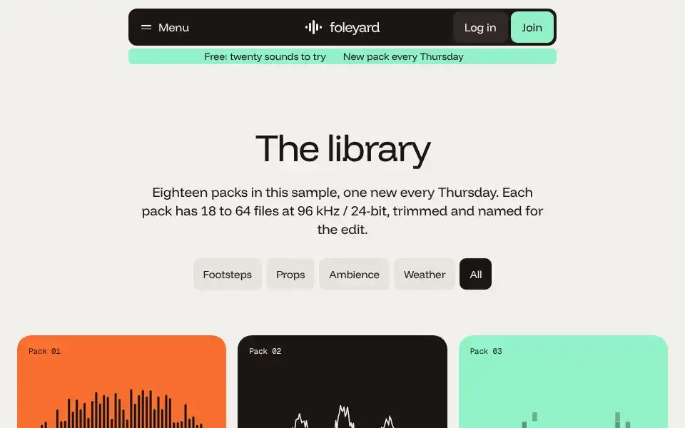 Foleyard, page "Library (all packs)", first screen