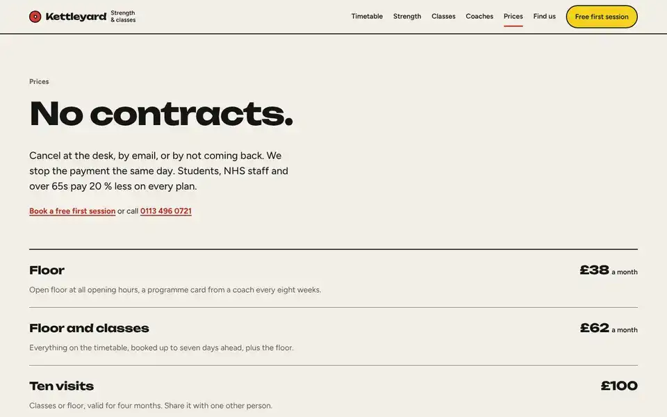 Kettleyard, page "Prices and joining", first screen