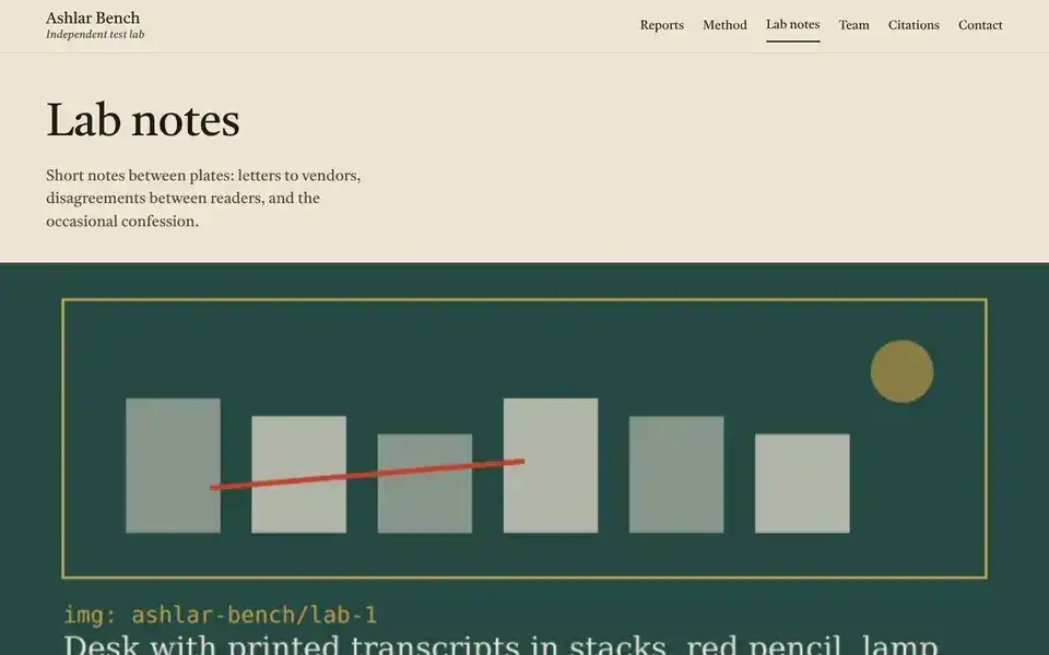 Ashlar Bench, page "Lab notes", first screen