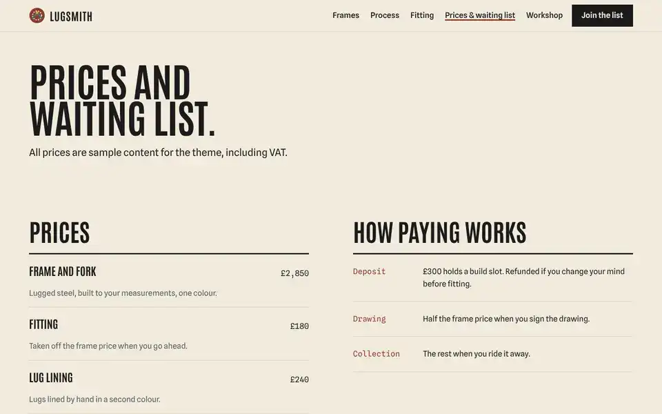 Lugsmith, page "Prices and waiting list (sample)", first screen
