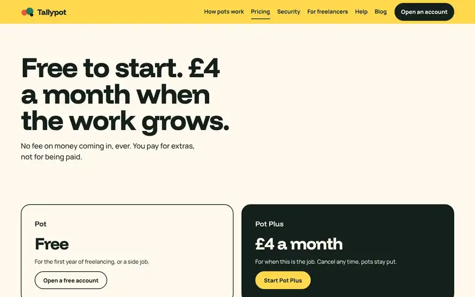 Tallypot, page "Pricing", first screen