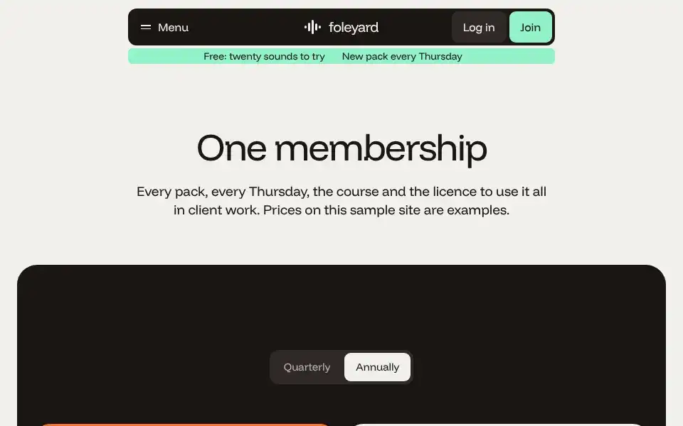 Foleyard, page "Pricing (plans, free sounds, FAQ)", first screen