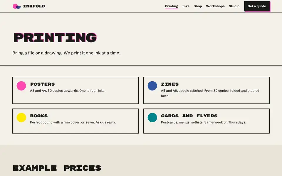 Inkfold, page "Printing and prices", first screen