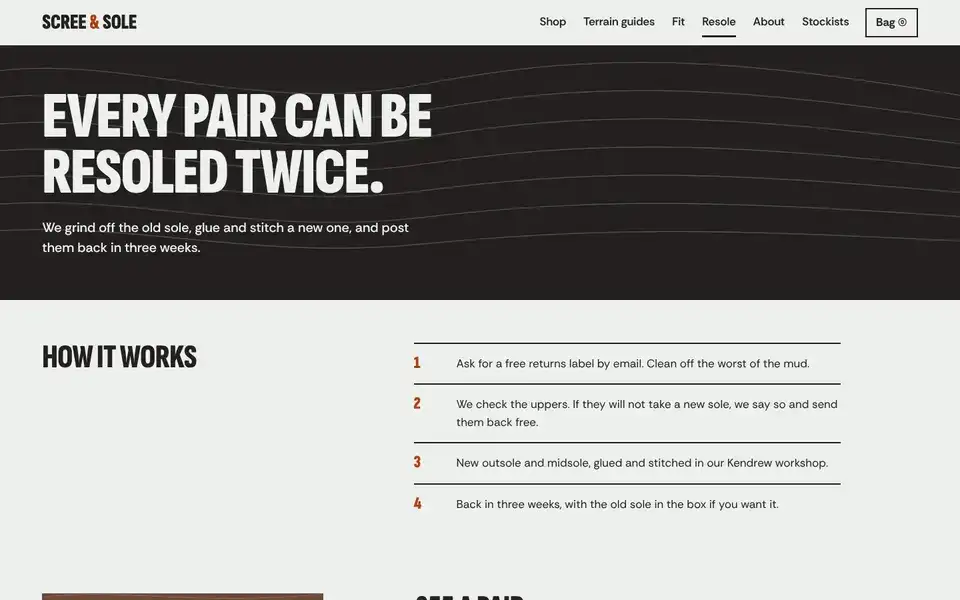 Scree & Sole, page "Resole and repair", first screen