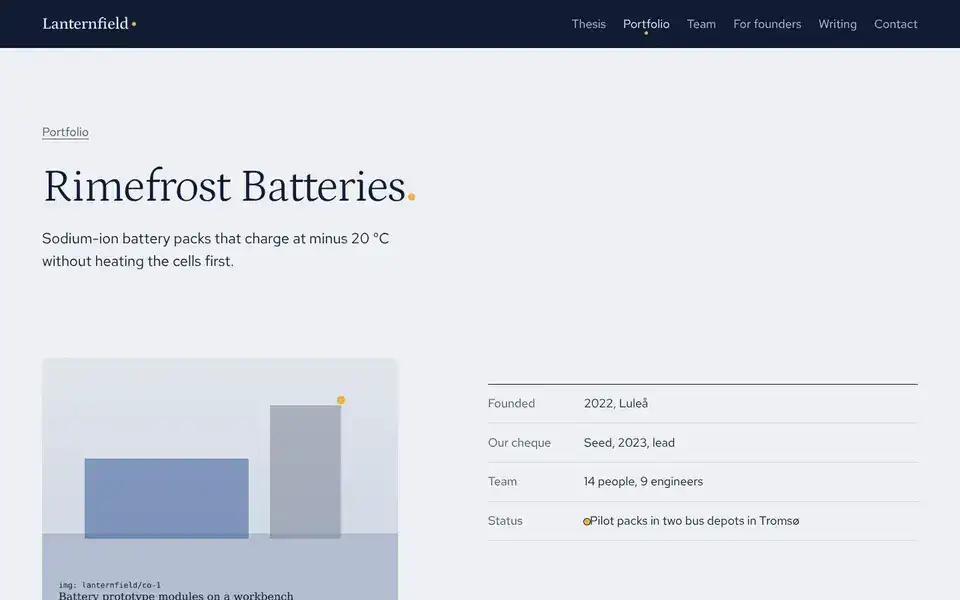 Lanternfield, page "Company: Rimefrost Batteries", first screen
