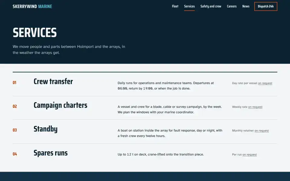 Skerrywind, page "Services", first screen