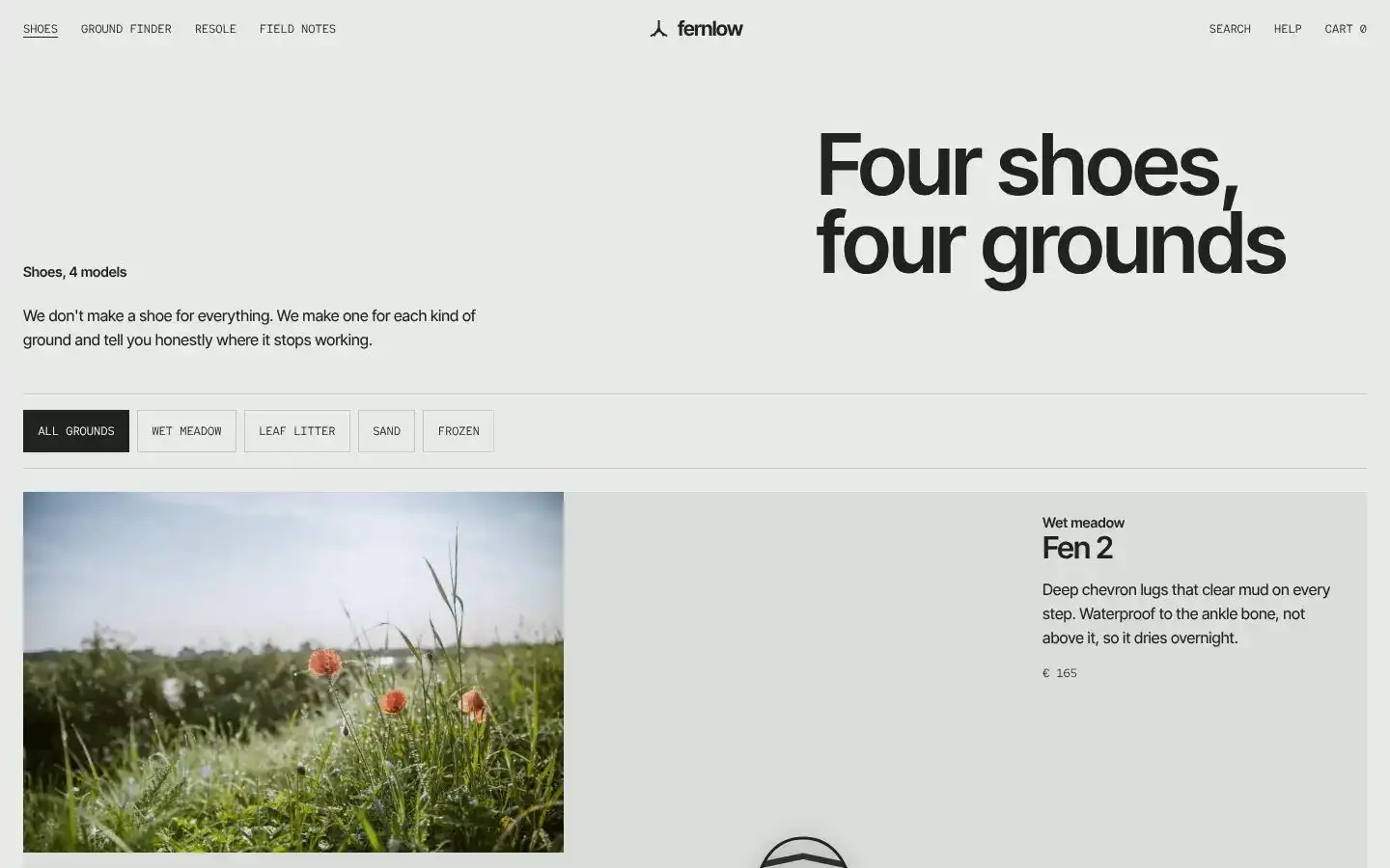 Fernlow, Seite „Shoes (catalogue, filter by ground)“, erster Bildschirm