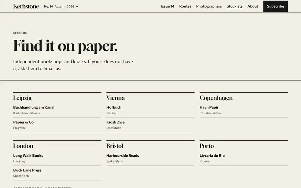 Kerbstone, page "Stockists", first screen