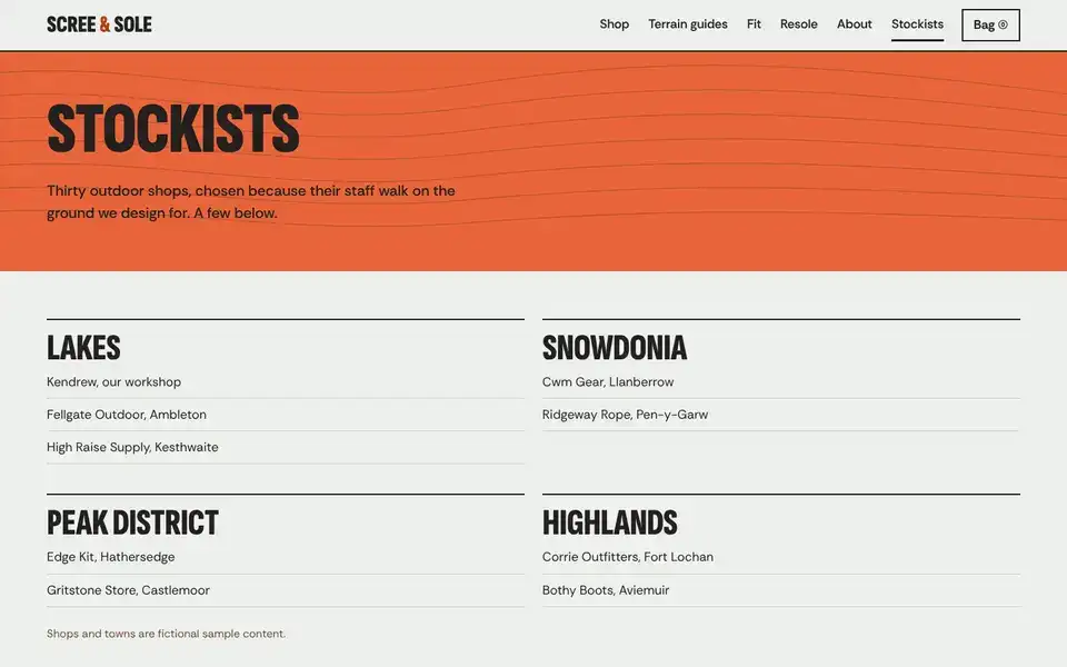 Scree & Sole, page "Stockists", first screen