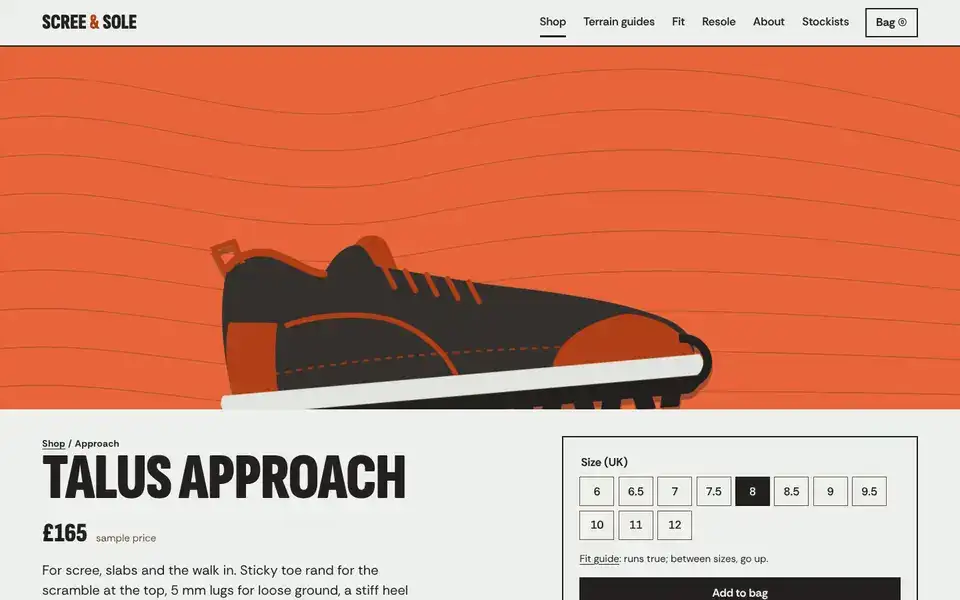 Scree & Sole, page "Product: Talus Approach", first screen