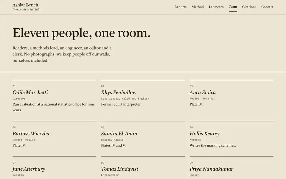 Ashlar Bench, page "Team", first screen
