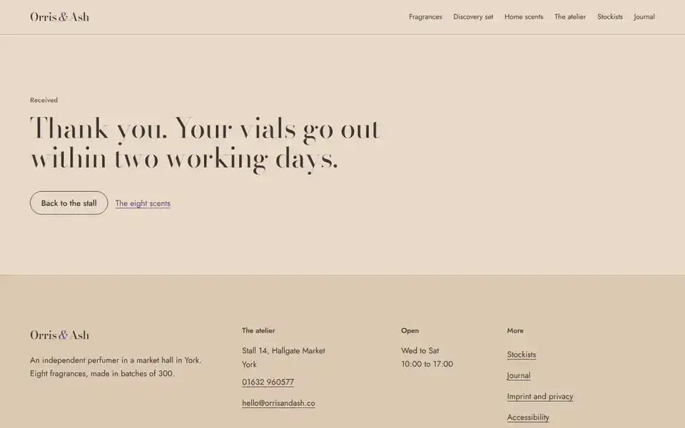Orris & Ash, page "Thank you", first screen