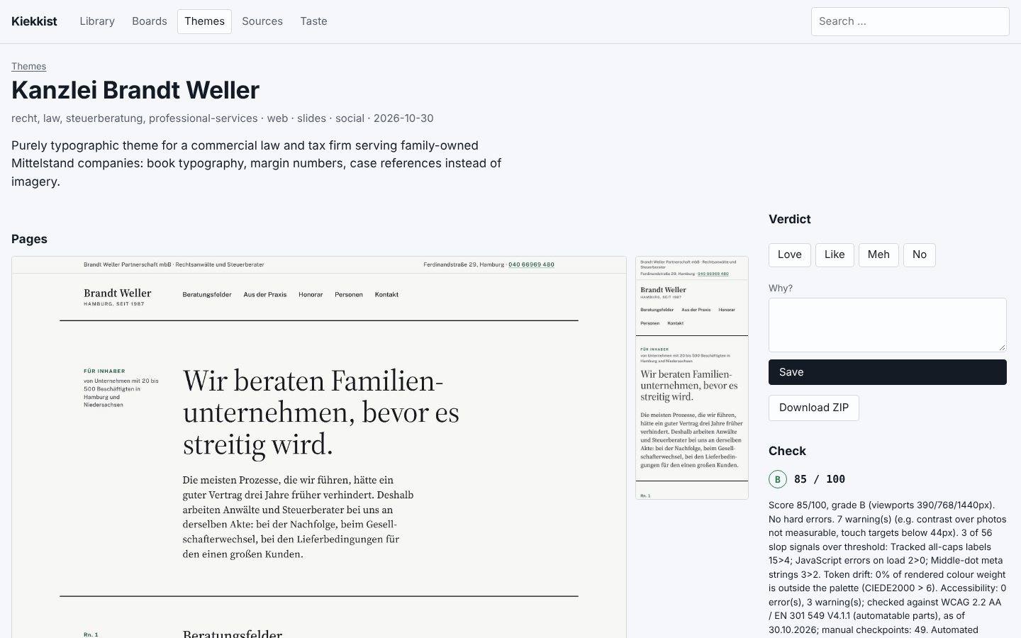 Kiekkist-Tool mit dem Beispiel Kanzlei Brandt Weller und seinem Prüfergebnis