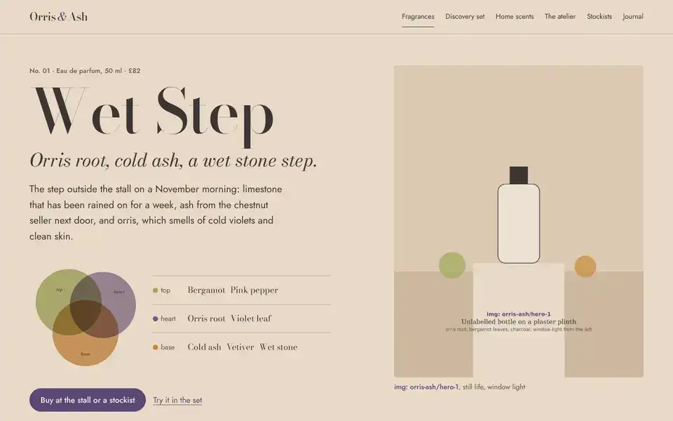 Orris & Ash, page "Fragrance: Wet Step", first screen