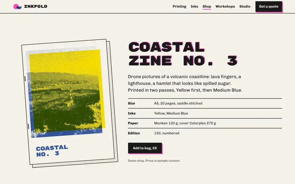 Inkfold, page "Product: Coastal zine no. 3", first screen